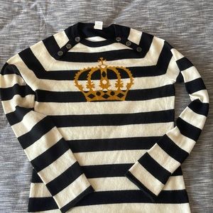 Black + White Striped 100% Cashmere J Crew sweater w/ Crown sz L